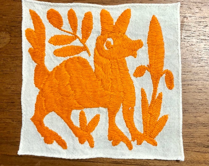 Otomi hand embroidered muslin coaster / cocktail napkin / frame-able art with orange spirit animal.