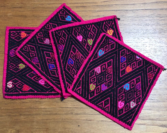 Handwoven Cotton Coasters (Set of 4) from San Cristobal de las Casas, Chiapas, Mexico - 5” x 5”