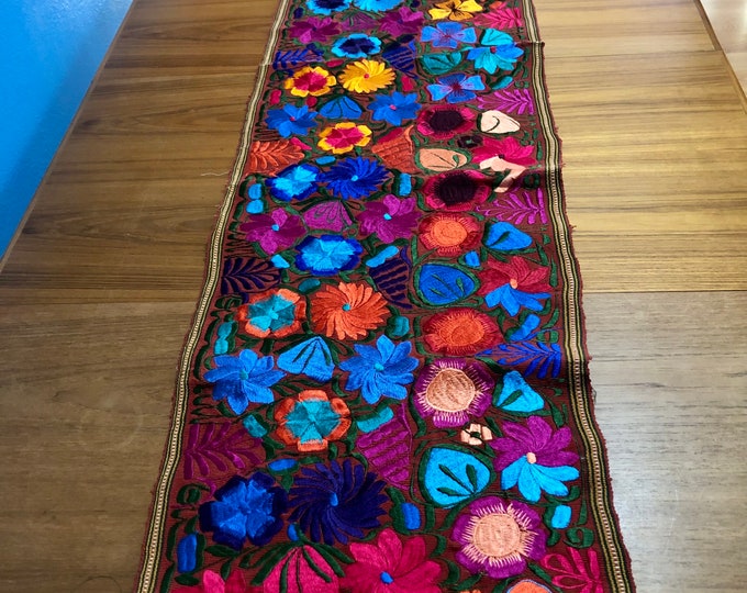Hand Woven Bed Scarf / Table Runner / Wall Art with Multi-color Embroidery (approx. 92" x 17")