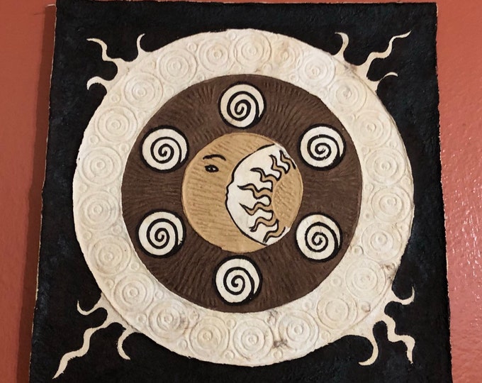 Handmade Amate Paper Wall Art with Sun and Moon from Mexico