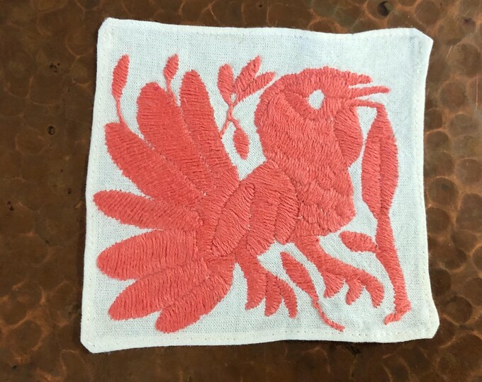 Otomi hand embroidered muslin coaster / cocktail napkin / frame-able art with pink bird and flowers.