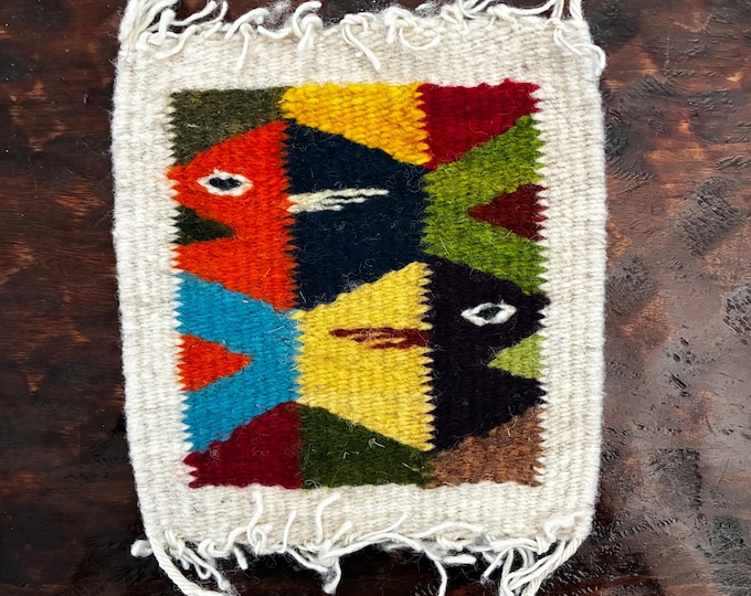 Zapotec hand woven merino wool coaster with geometric fish (5” x 5.5”)