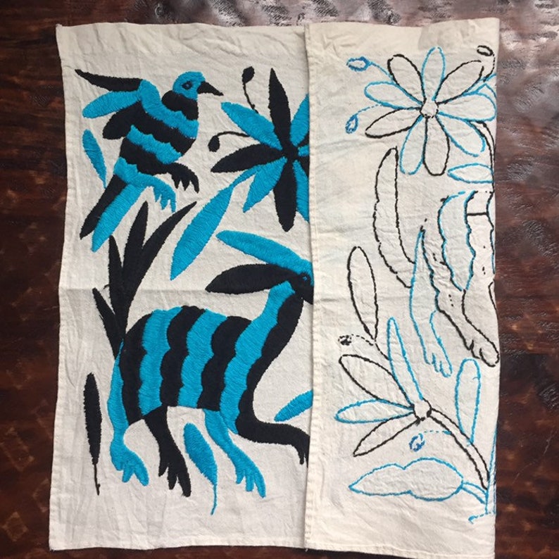 Turquoise and Black approx. 17 x 13 Hand embroidered Otom\u00ed placemat frame-able art