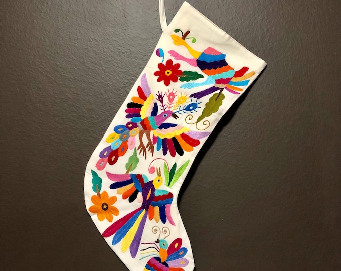 Hand Embroidered Otomi Large Christmas Stocking with Multicolor Embroidery from Hidalgo, Mexico (Off-White Cotton)