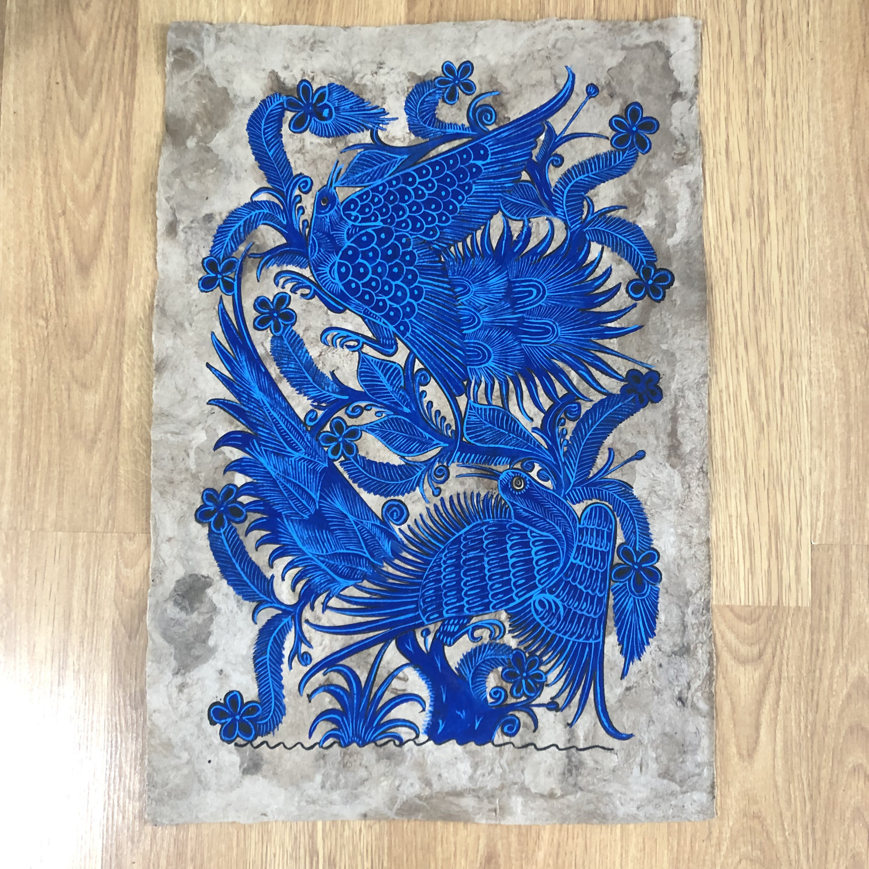 Amate Paper Wall Art with Blue Quetzals and Flowers by Andrés de la