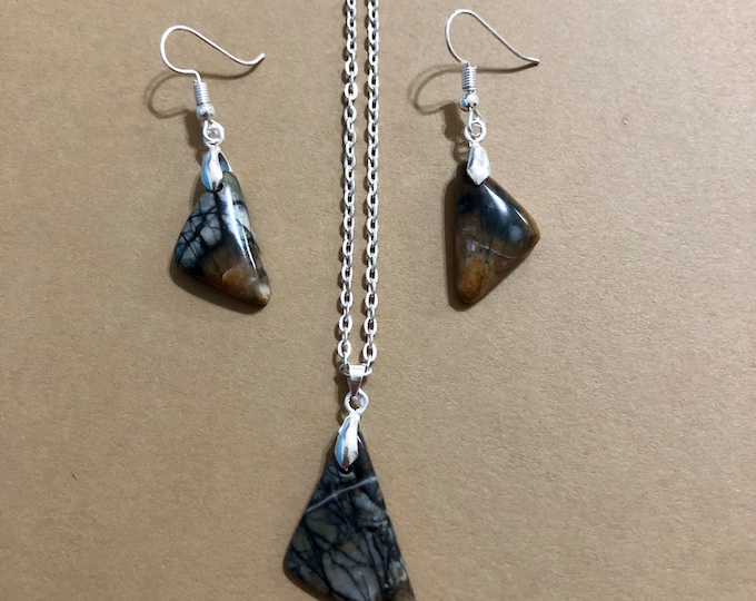 One of a Kind Polished Picasso Jasper Stone and Silver Jewelry Set - Pendant and Earrings
