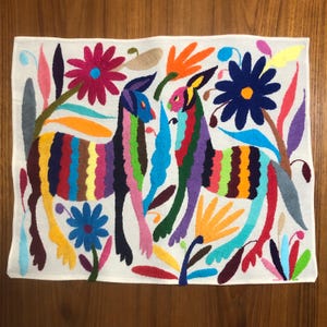 May include: Embroidered textile featuring two colorful burros with striped bodies, surrounded by vibrant flowers and foliage. The artwork uses a variety of colors including pink, blue, orange, and green, set against a white background. The piece is likely handmade.