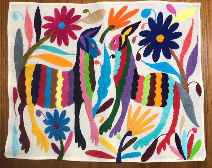 Hand Embroidered Otomi Placemat: Mexican Folk Art (17" x 13") - Multicolor Embroidery