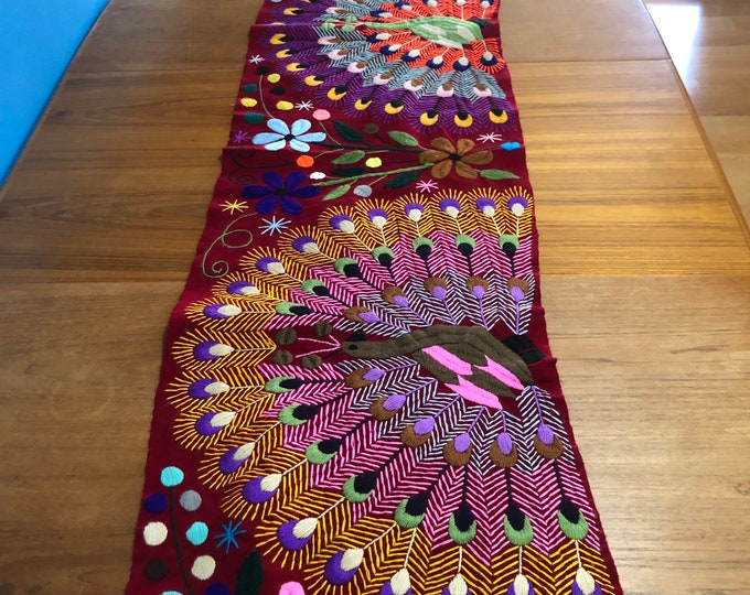Hand Embroidered Table Runner - Deep Red Base with Multicolored Peacocks and Flowers