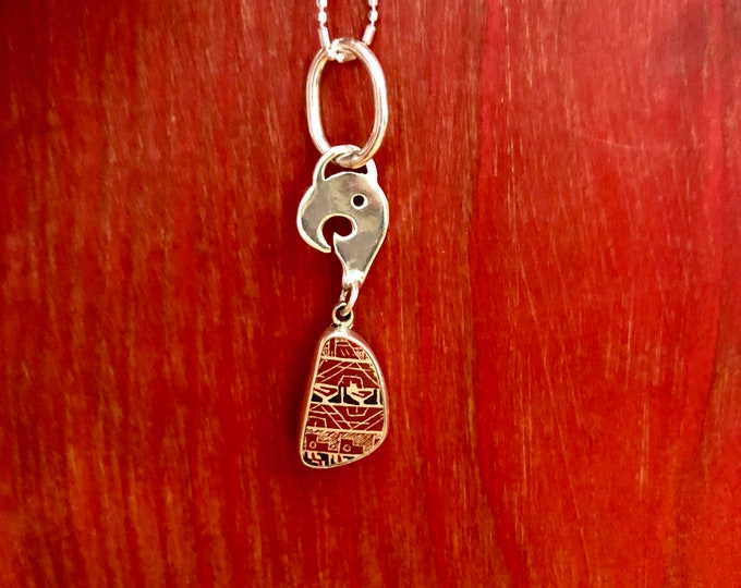 One of a Kind Mata Ortiz Sterling Silver Pendant - unique indigenous ceramic pottery shard set in a .950 pure silver bezel
