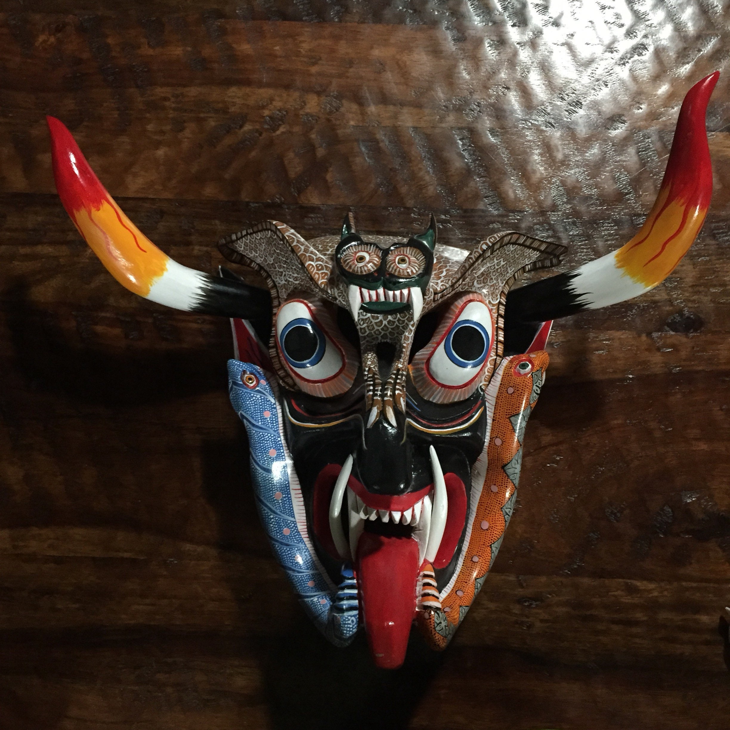 Large Mexican Decorative Indigenous Diablo Devil Hand Carved Wood Wall Mask