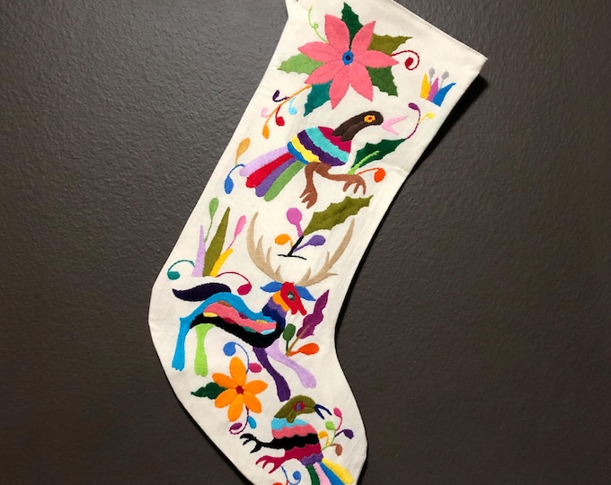 Hand Embroidered Otomi Large Christmas Stocking with Multicolor Embroidery from Hidalgo, Mexico (Off-White Cotton)