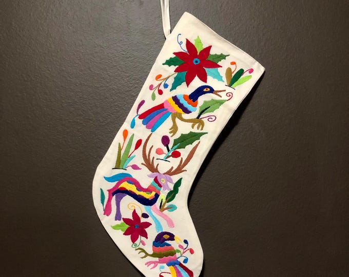 Hand Embroidered Otomi Large Christmas Stocking with Multicolor Embroidery from Hidalgo, Mexico (Off-White Cotton)