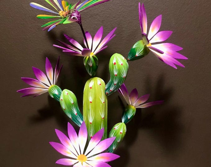 Large Alebrije Flowering Cactus with Hummingbird Woodcarving from Oaxaca, Mexico