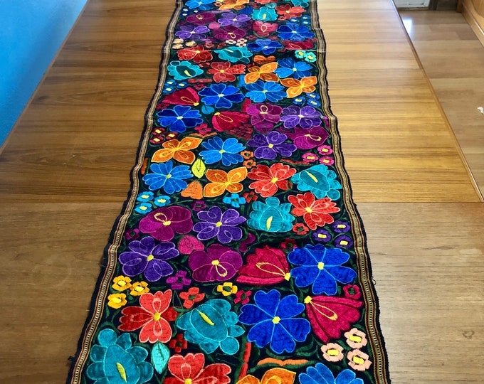 Hand Woven Bed Scarf / Table Runner / Wall Art with Multi-color Embroidery (approx. 96" x 17")