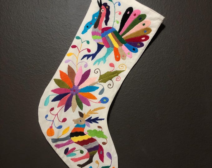 Hand Embroidered Otomi Christmas Stocking: Multicolor Embroidery Animals and Flowers