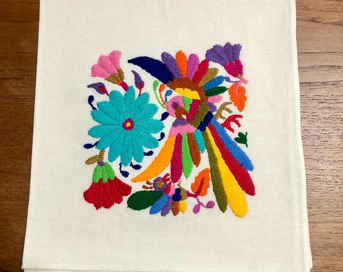Otomi hand embroidered approx. 17” x 17" muslin napkin - with bird multi-colored