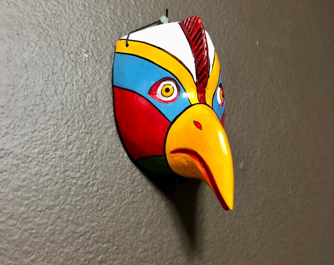 Mexican Decorative Indigenous Bird Head Hand Carved Wood Wall Mask