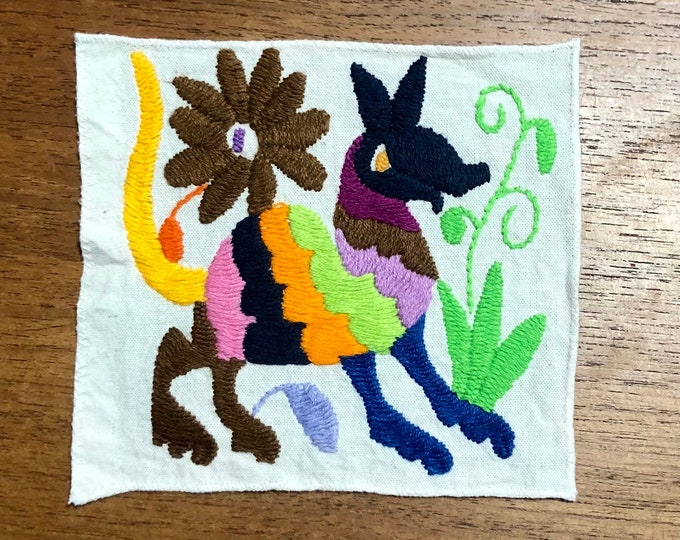 Otomi hand embroidered muslin coaster/cocktail napkin/frame-able art - with spirit animal. approx. 5” x 5”