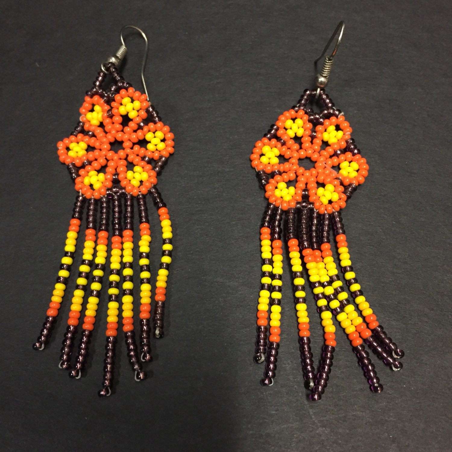 Huichol Beaded Earrings Orange Yellow Peyote design approx