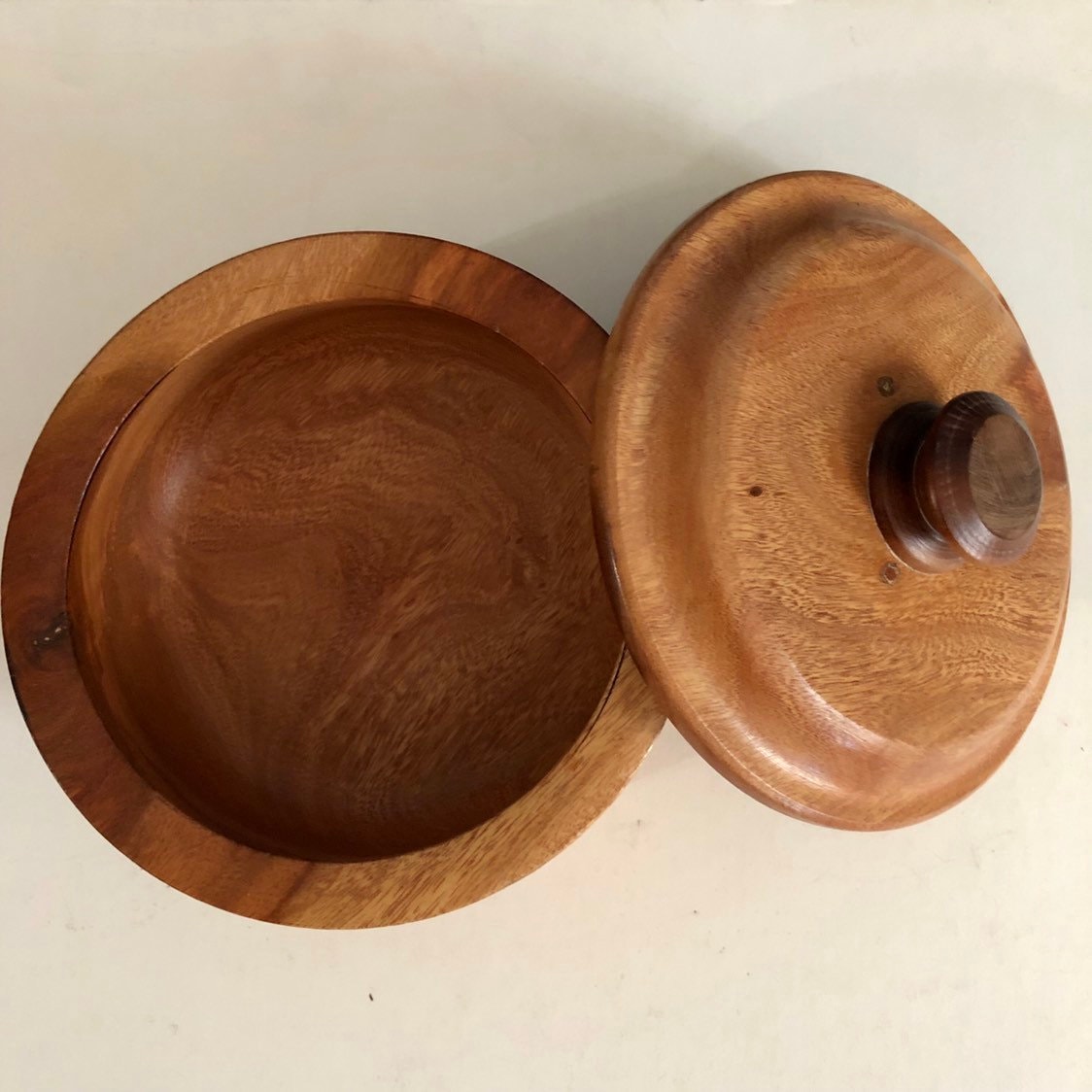 Hand carved wood serving bowl with lid made of Guamuchil wood from Mexico