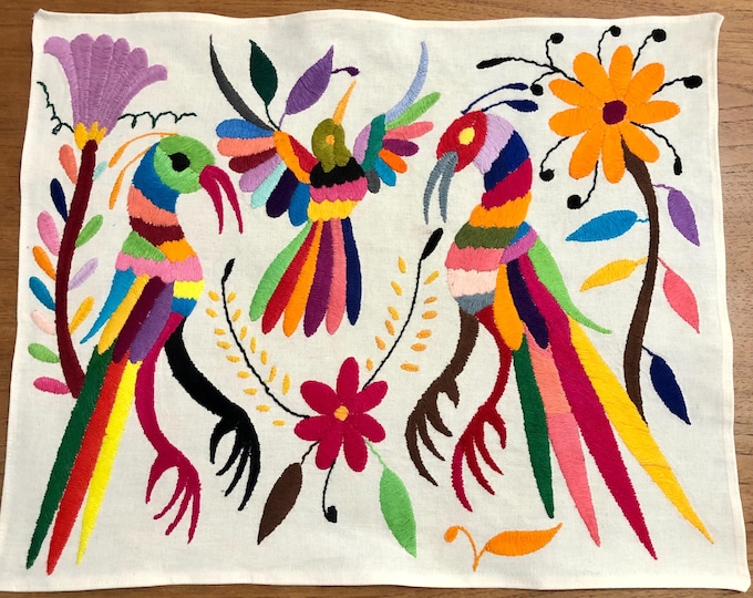Hand embroidered Otomí placemat/frame-able art (approx. 16.5” x 13.5") - multicolor spirit birds and flowers.