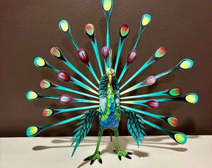 Alebrije Large Peacock Handcrafted Wood Carving by Esperanza Martinez from Oaxaca, Mexico.