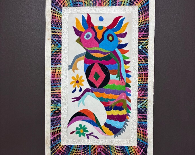Amate Wall Art with Otomi Embroidery: Mexican Folk Art with Embroidered Multicolored Axolote (27” x 15 1/2”)