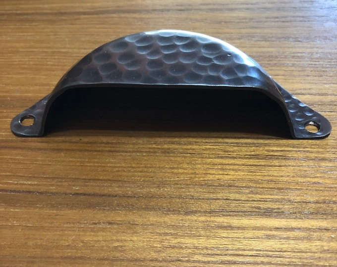 4 1/16” Center to Center Hammered Copper Cup Cabinet Drawer Bin Pull with Brown Patina