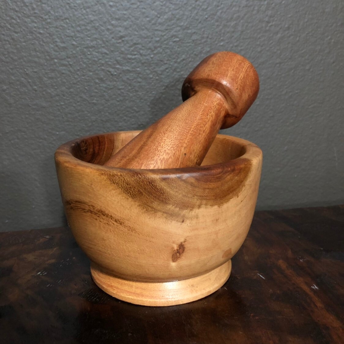 Hand carved wood mortar and pestle made with Guamuchil wood from Mexico
