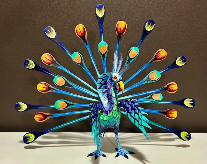 Alebrije Large Peacock Handcrafted Wood Carving by Esperanza Martinez from Oaxaca, Mexico.