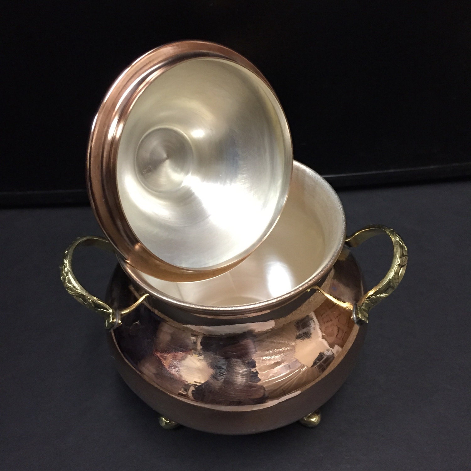 Decorative Copper Jar for Sugar, Coffee, or Tea w/ Brass Handles