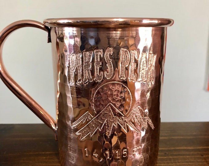 16oz Moscow Mule Hammered Copper Mug with Pikes Peak and mountains logo