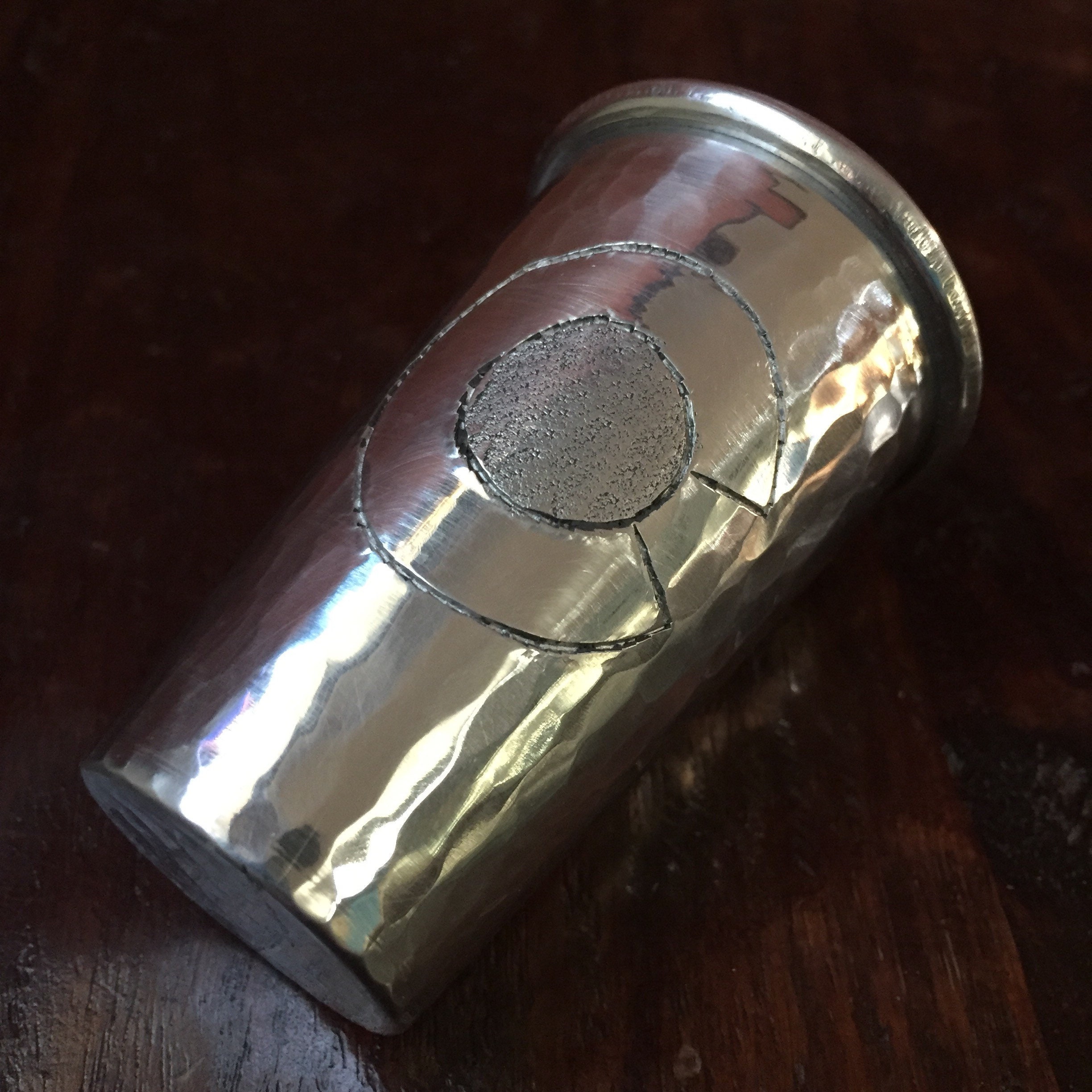 Handcrafted 2oz hammered aluminum shot glass with Colorado C engraved