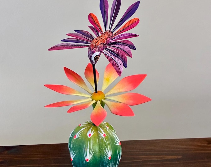 Handcrafted Alebrije Flowering Cactus with Hummingbird Woodcarving from Oaxaca, Mexico
