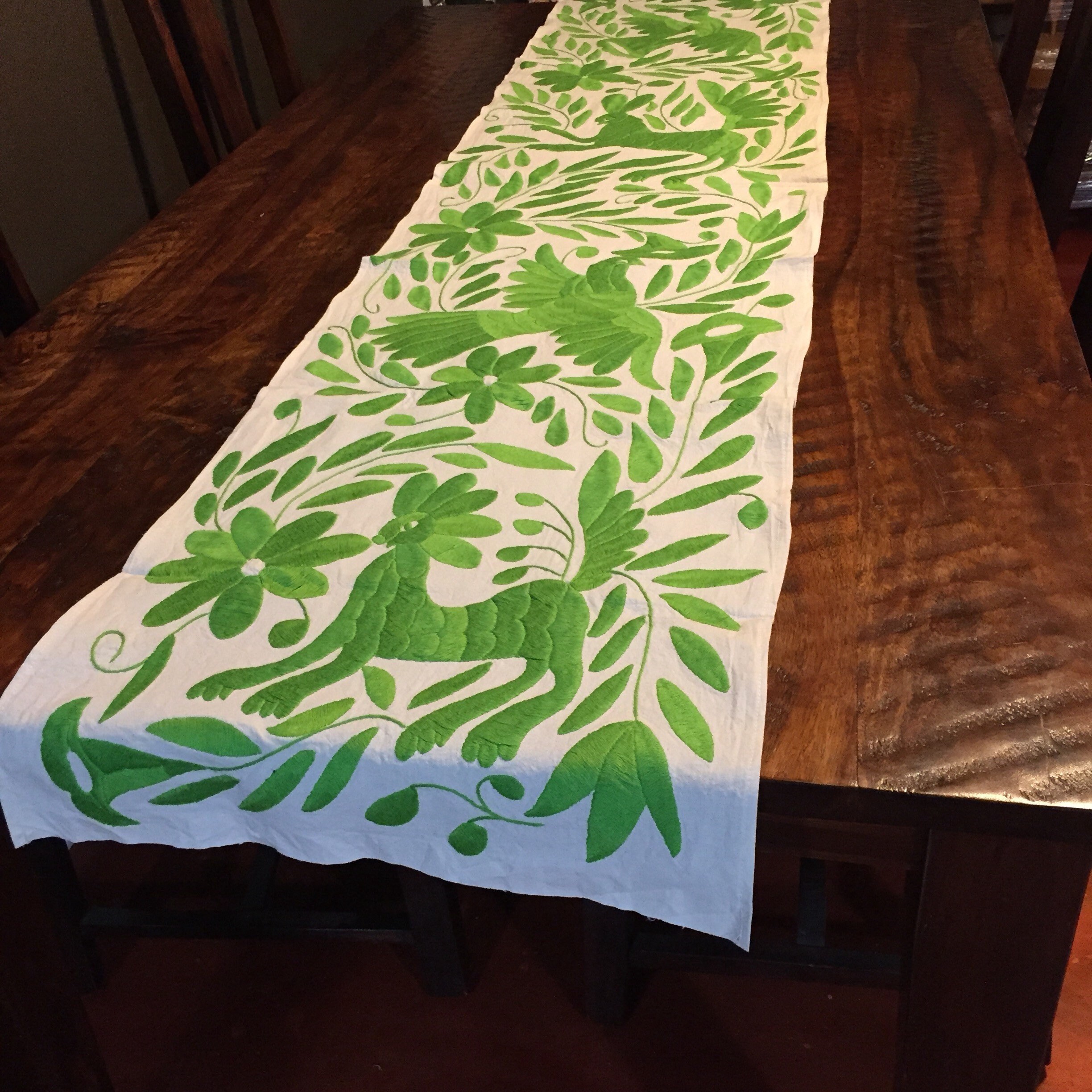 Otomi Hand Embroidered Table Runner lime green