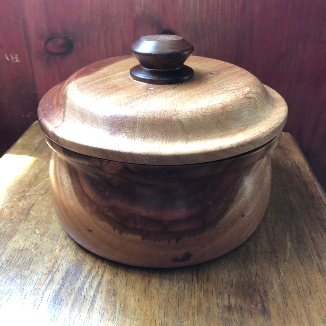 Hand carved wood serving bowl with lid made of Guamuchil wood from Mexico
