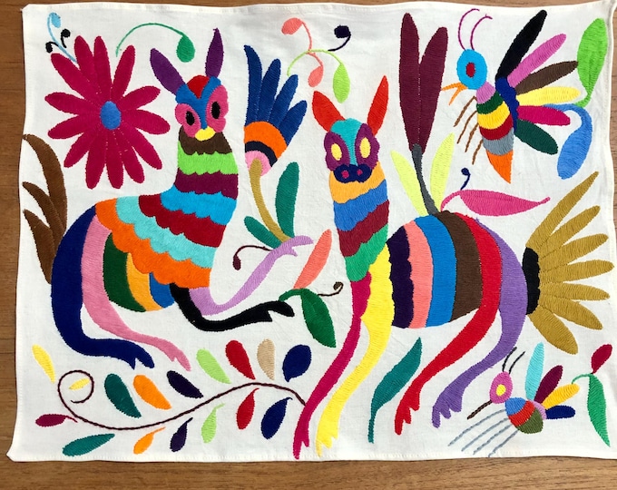 Hand embroidered Otomí placemat/frame-able art (approx. 17” x 13") - multicolor spirit animals and flowers.