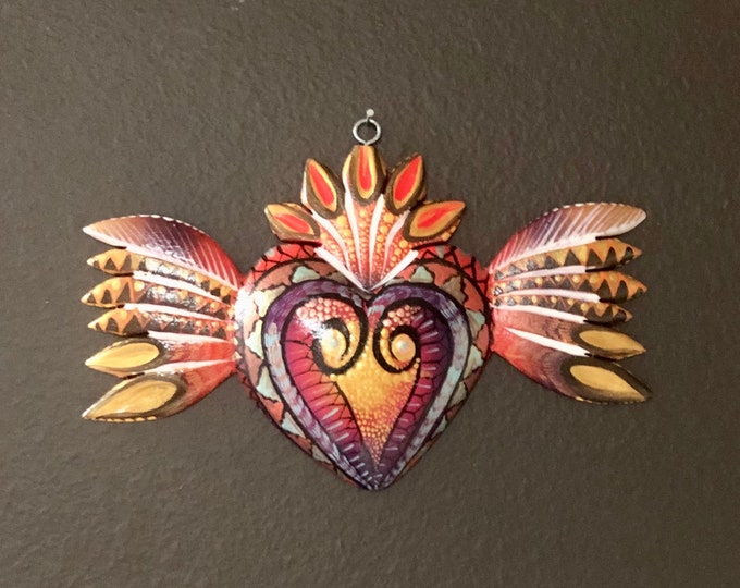 Hand carved wood small milagro heart from Oaxaca, Mexico