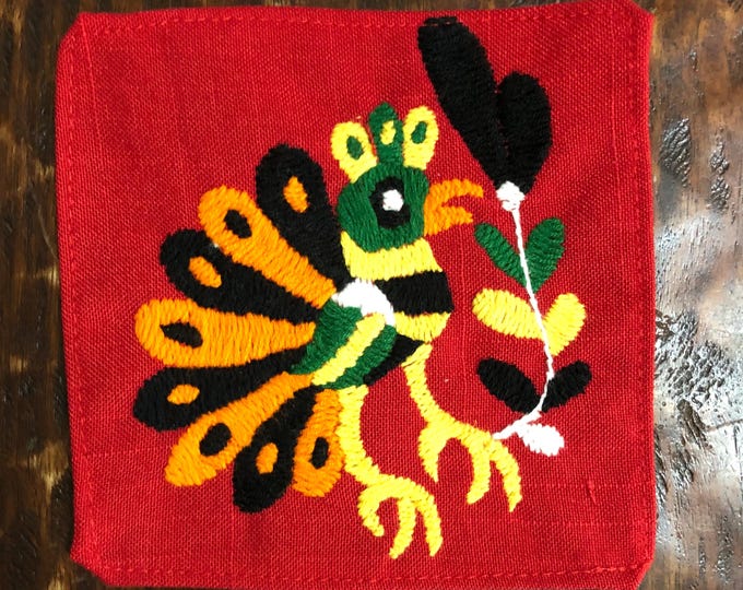 Otomi hand embroidered muslin coaster/cocktail napkin/frame-able art with multicolor spirit animal and flower design approx.  (4.5” x 4.5”)