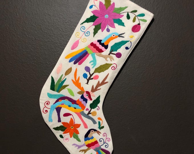 Hand Embroidered Otomi Christmas Stocking: Multicolor Embroidery Animals and Flowers