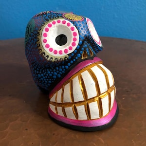 Alebrije Calavera Skull Handcrafted Wood Carving by Luis Garcia from Oaxaca, Mexico.