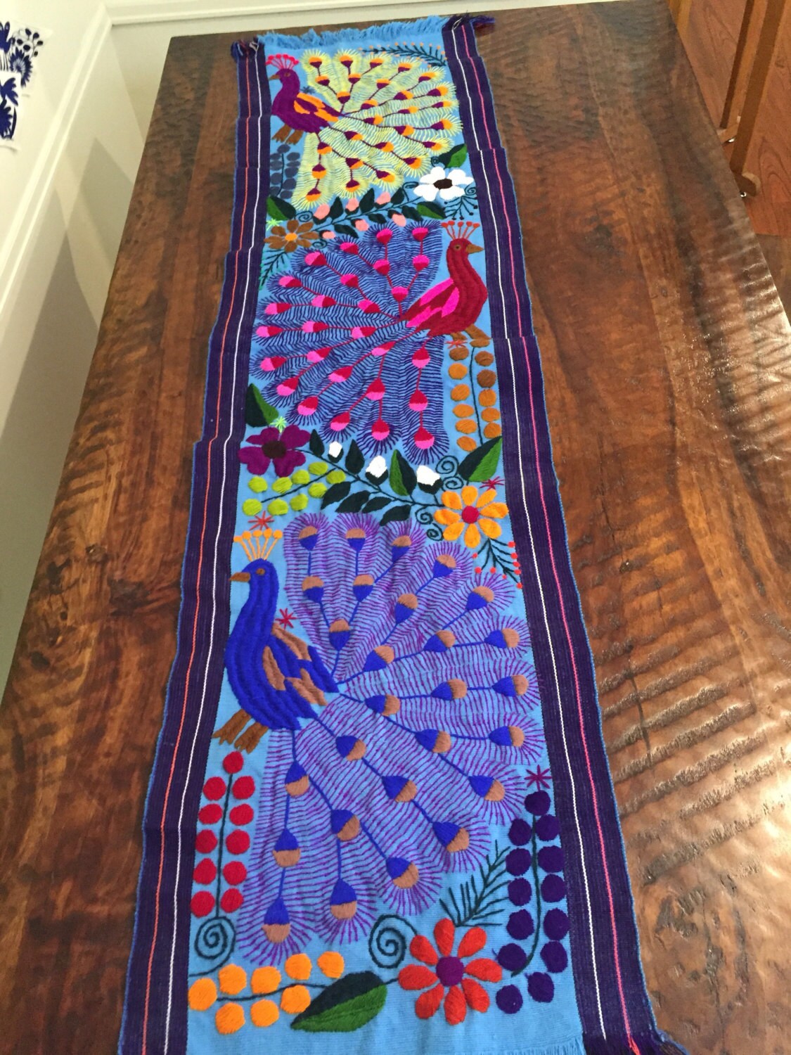 Peacock Hand Embroidered Table Runner Purple
