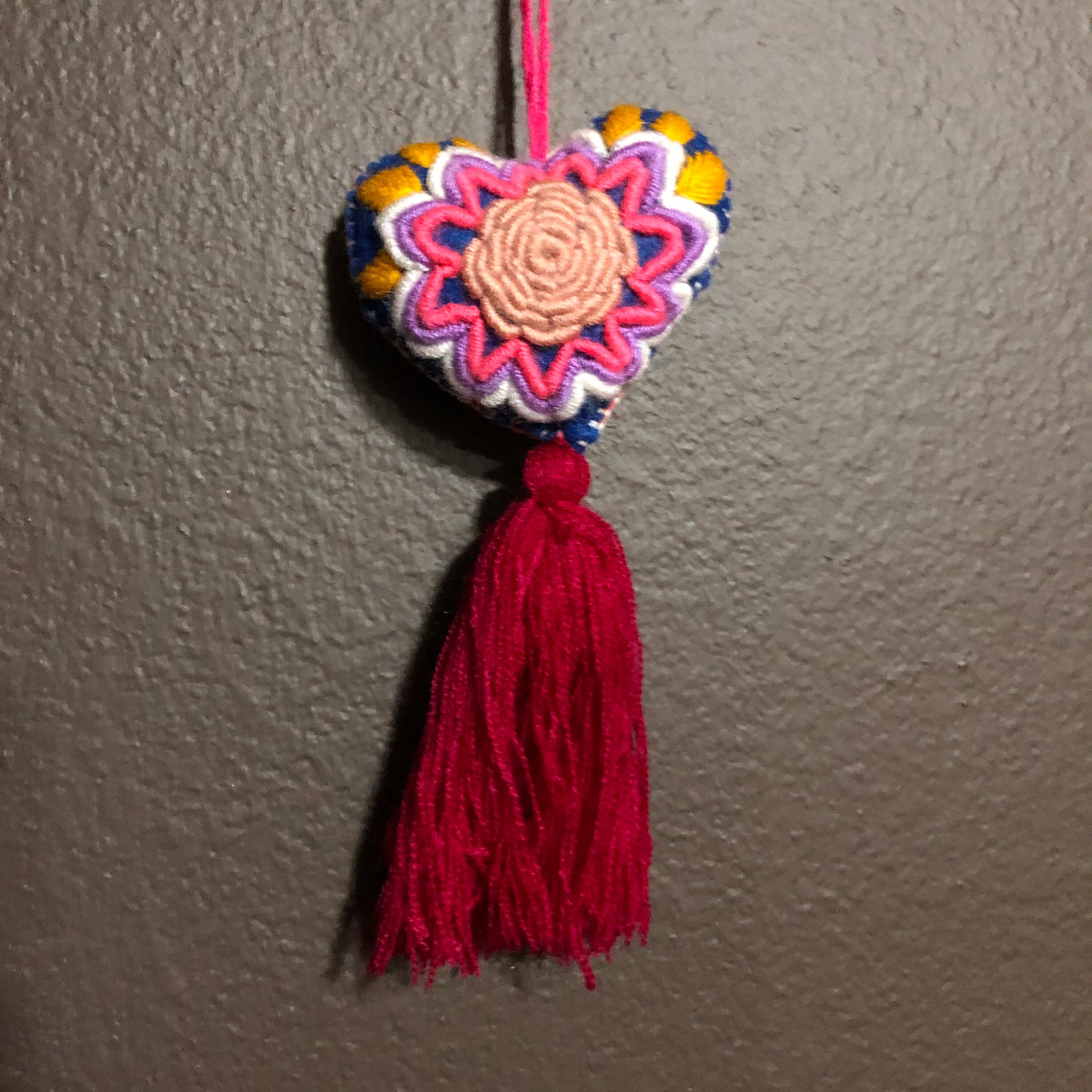 Hand Sewn Wool Felt Hanging Heart Ornament with Cotton Embroidery