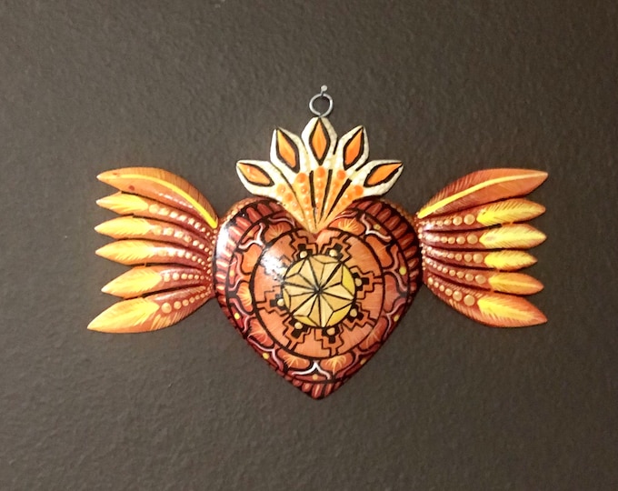 Hand carved wood small milagro heart from Oaxaca, Mexico
