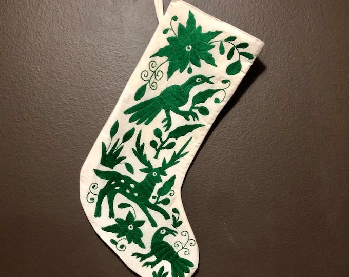 Hand Embroidered Otomi Christmas Stocking: Green Embroidery