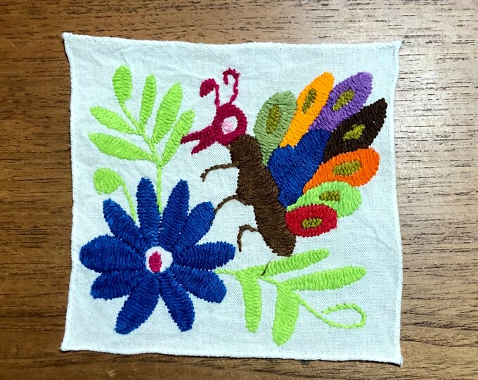 Otomi hand embroidered muslin coaster/cocktail napkin/frame-able art - with butterfly approx. 5” x 5”