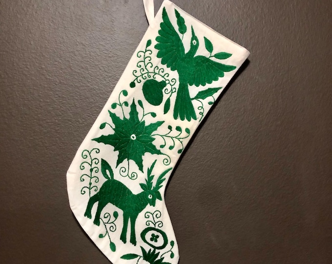 Hand Embroidered Otomi Christmas Stocking: Green Embroidery