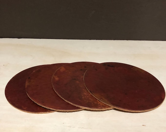 Set of 4 Hammered Copper Coasters with fire red patina and cork backing