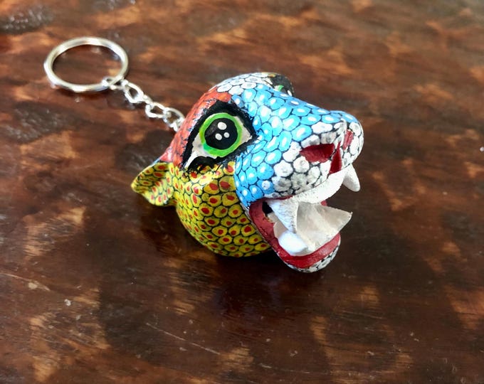 Alebrije Alebrije Jaguar Head Keychain  Handcrafted Wood Carving by Esperanza Martinez from Oaxaca, Mexico.